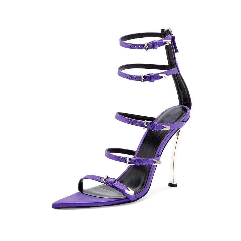 Sandalias de ajuste ancho de tacón stiletto para mujer con punta almendra y tiras