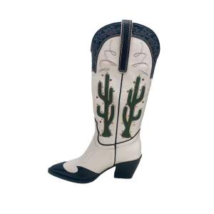 Botas altas de tacón ancho para mujer con estampado de cactus ranchero