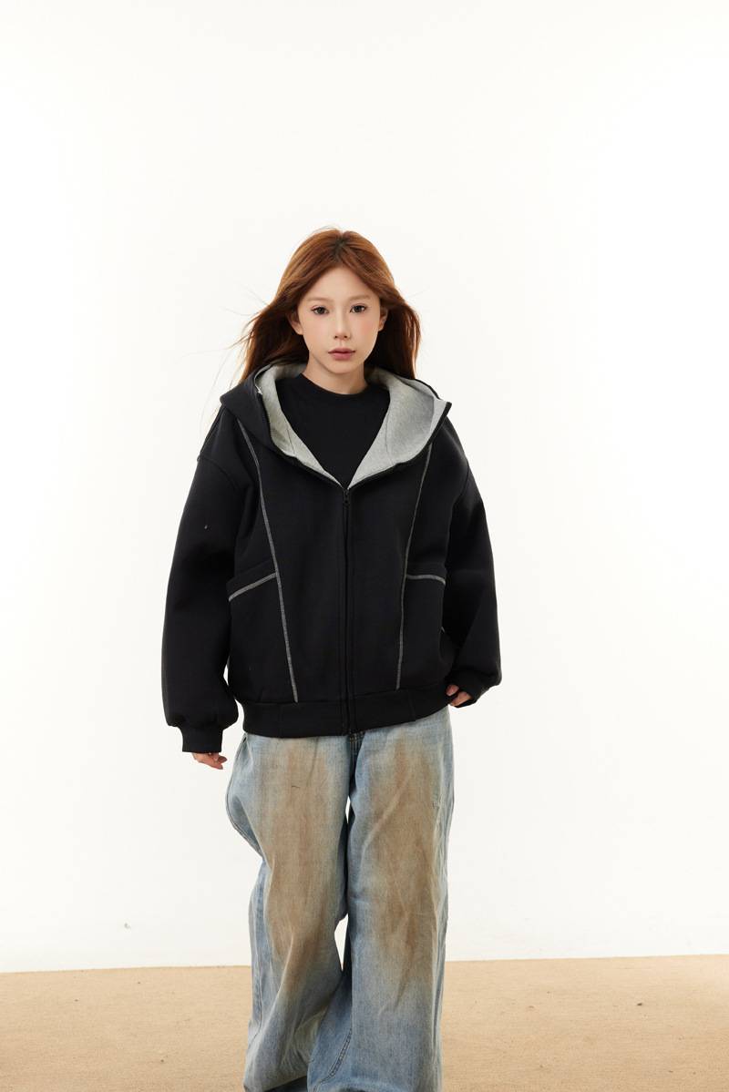 Sudadera con capucha y cremallera de estilo callejero, de ajuste relajado, con estampado de letras