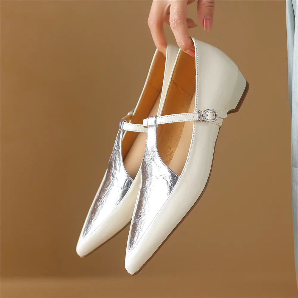 New Arrival Pointed Toe Women Sheep Skin Flats Mixed Color Splicing Buckle Strap Plus Casual Street Shoes