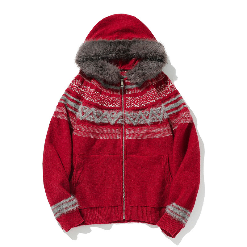 Abrigo oversize de punto jacquard con ribete de pelo a juego