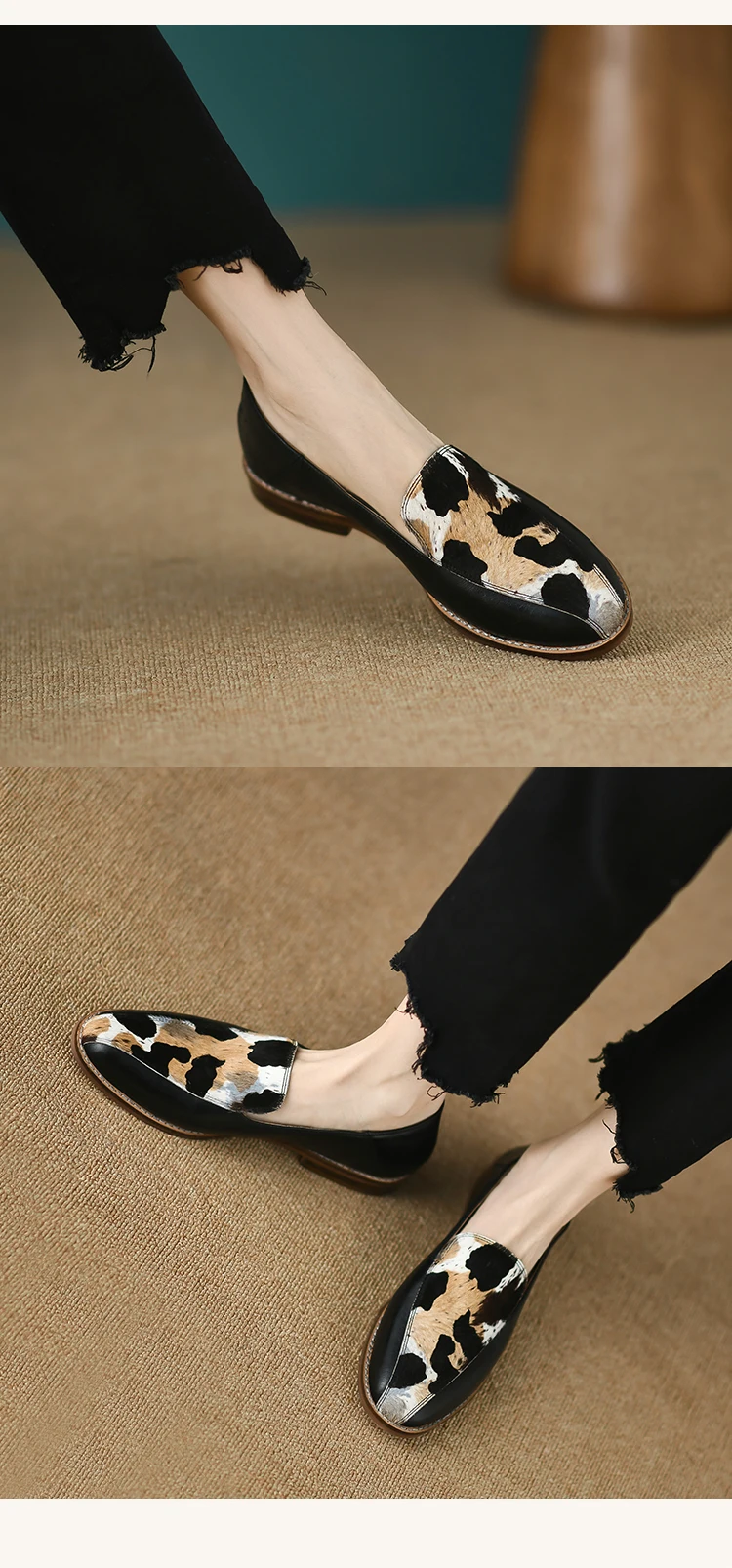 Zapatos sin cordones de mujer con estampado animal de piel de ternera con pelo