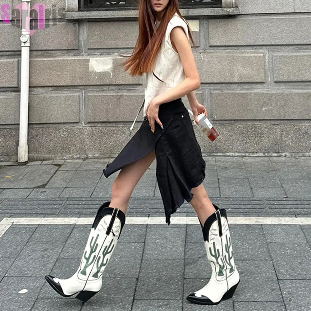 Botas altas de tacón ancho para mujer con estampado de cactus ranchero