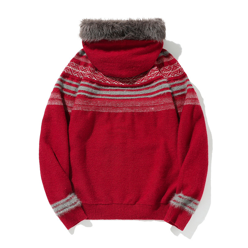 Abrigo oversize de punto jacquard con ribete de pelo a juego