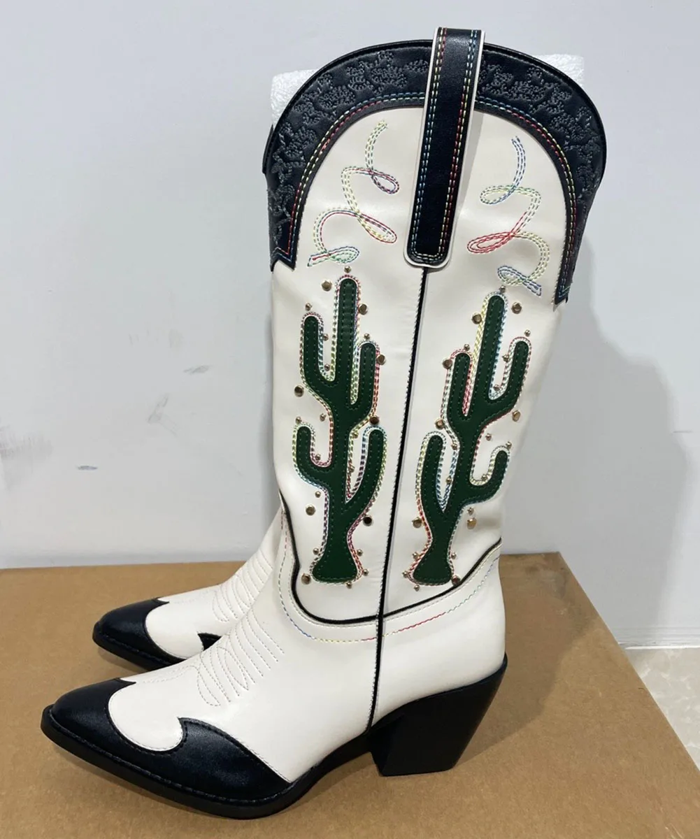 Botas altas de tacón ancho para mujer con estampado de cactus ranchero