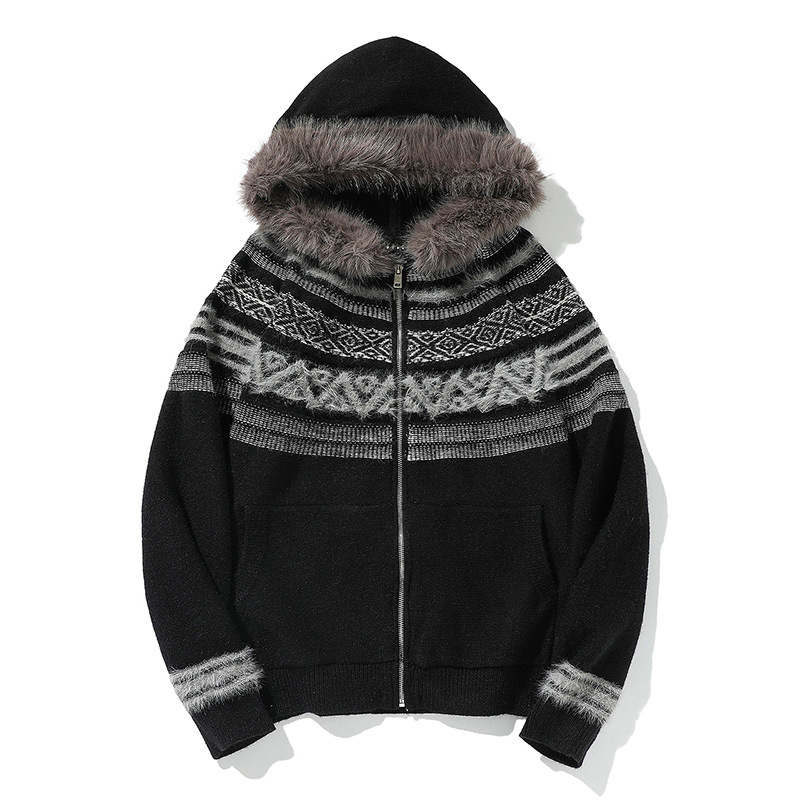 Abrigo oversize de punto jacquard con ribete de pelo a juego