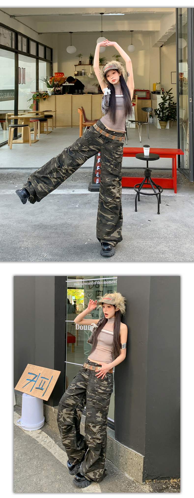 Pantalones utilitarios de talle bajo ajustados a la cadera, corte relajado y dobladillo ajustable con cordón