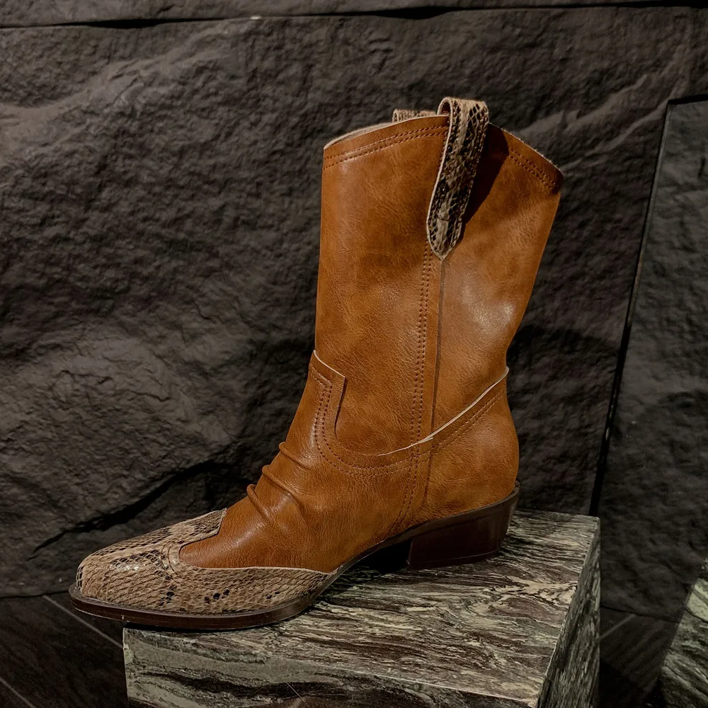 Botines femeninos de caña baja de piel de vaca vintage