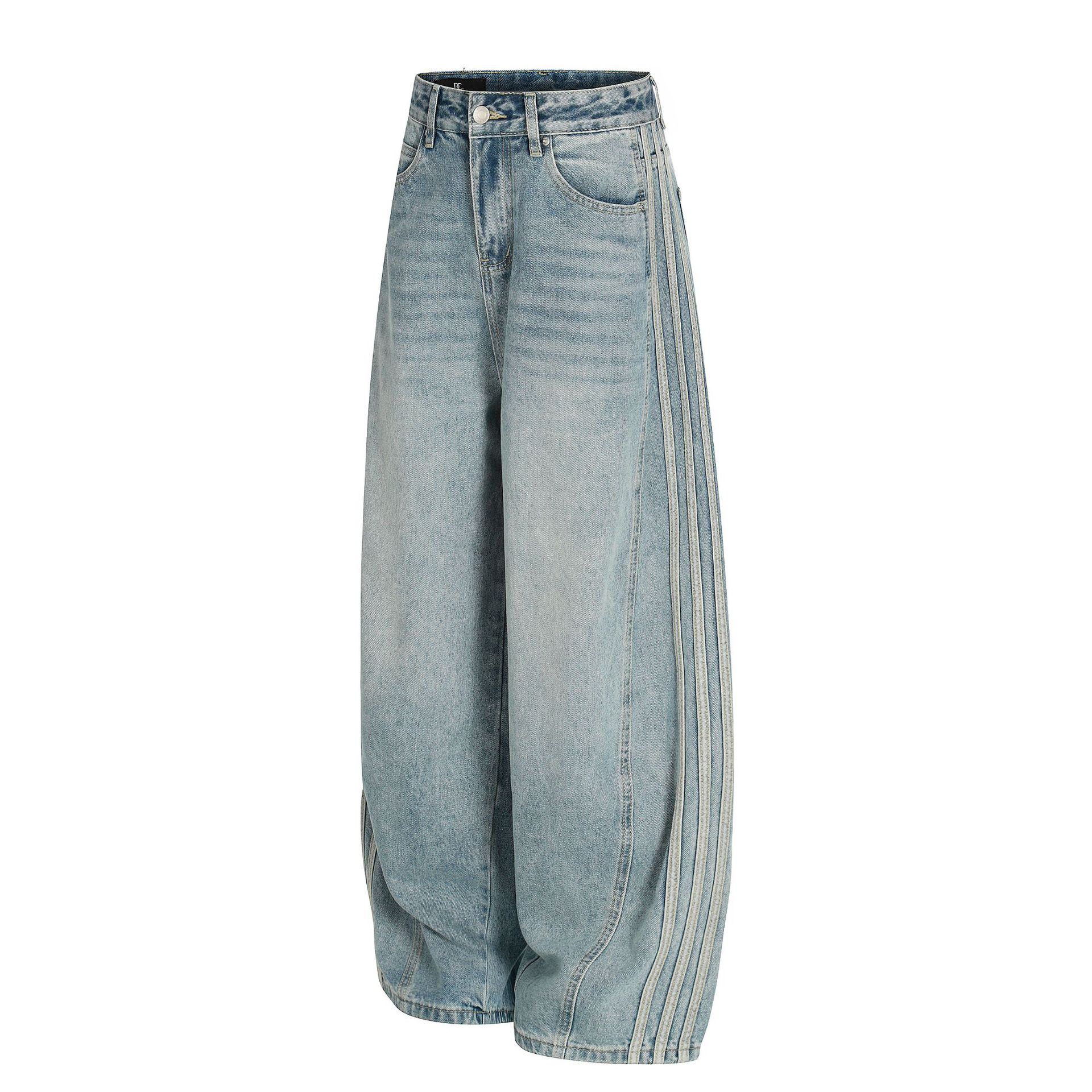 Pantalones vaqueros holgados retro de índigo lavado a la piedra con ribete de contraste