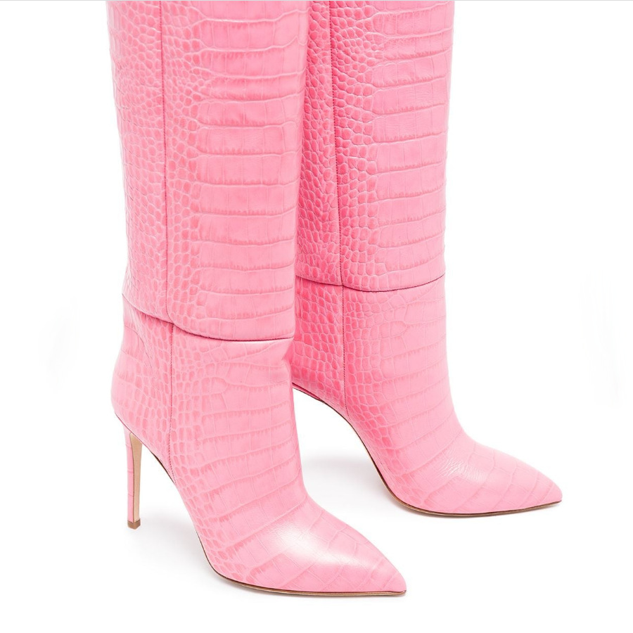 Botas de mujer de calce fácil de piel de serpiente de punta fina