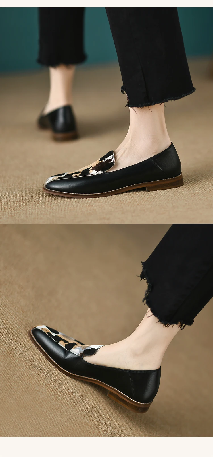 Zapatos sin cordones de mujer con estampado animal de piel de ternera con pelo