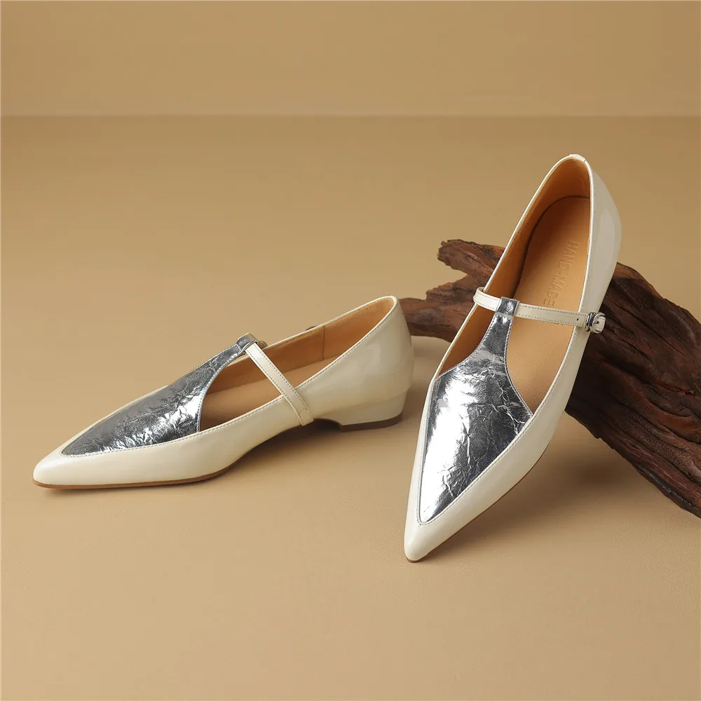 New Arrival Pointed Toe Women Sheep Skin Flats Mixed Color Splicing Buckle Strap Plus Casual Street Shoes