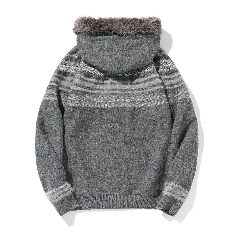 Abrigo oversize de punto jacquard con ribete de pelo a juego