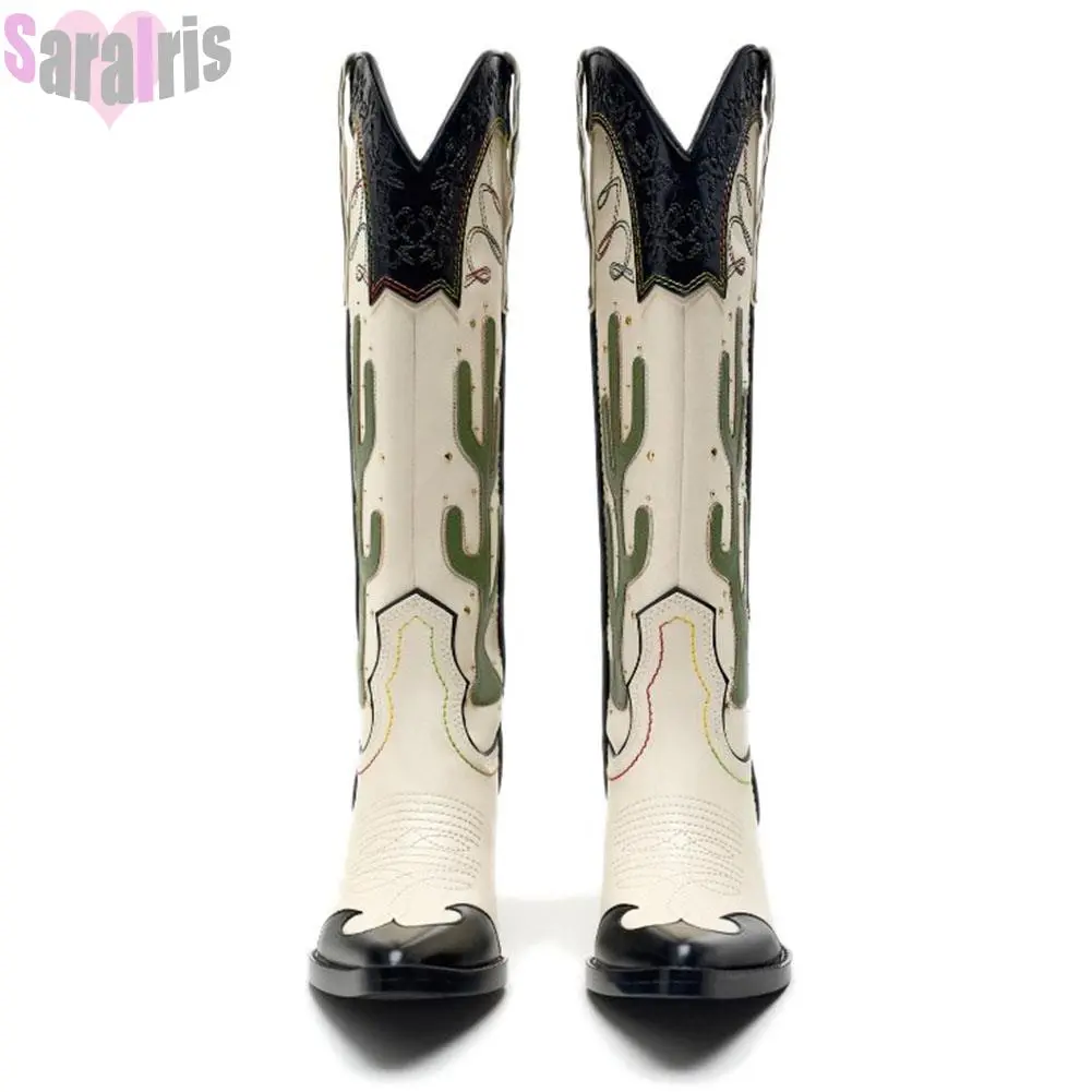 Botas altas de tacón ancho para mujer con estampado de cactus ranchero