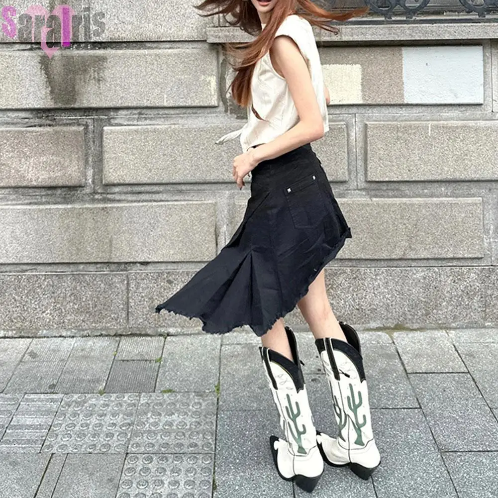 Botas altas de tacón ancho para mujer con estampado de cactus ranchero