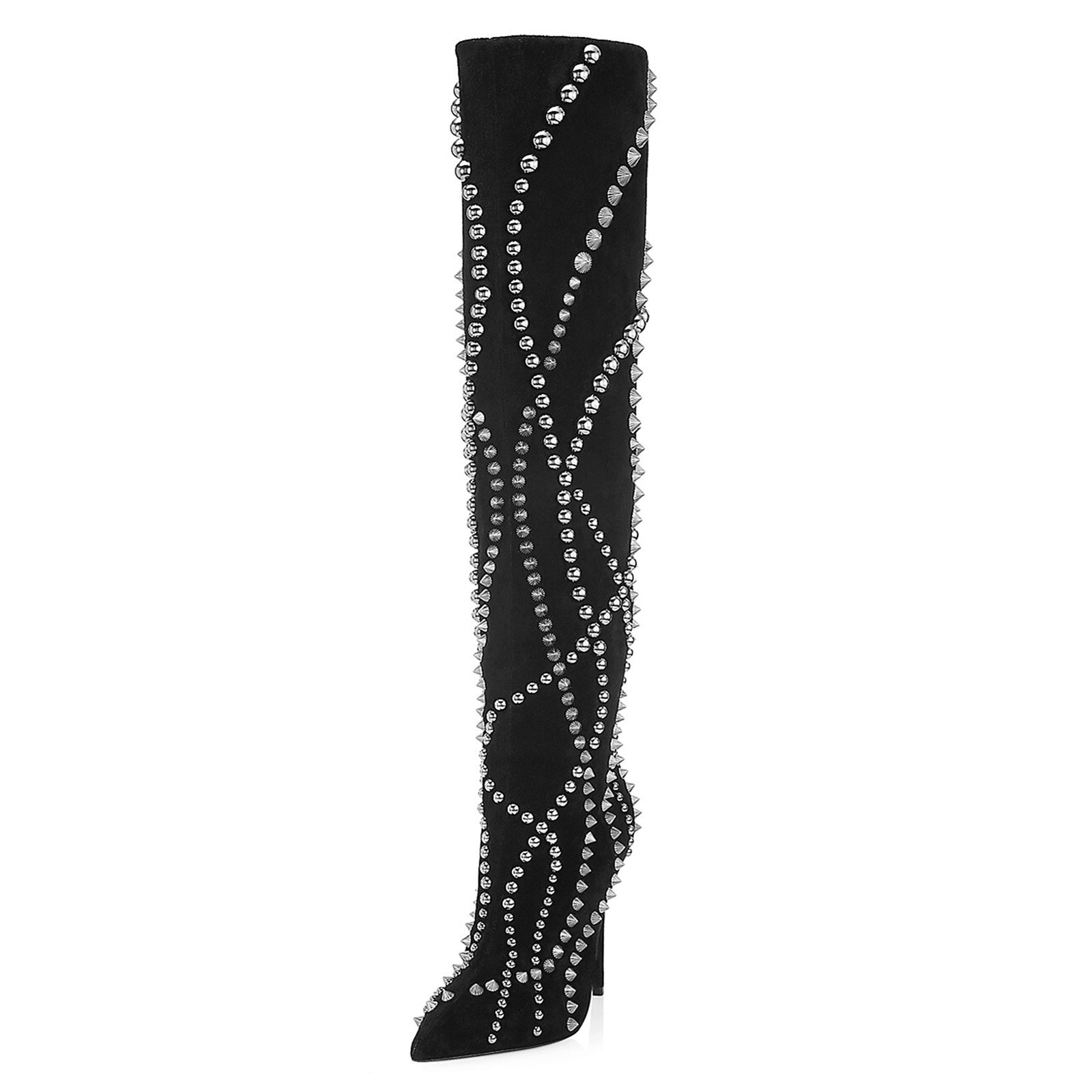 Botas hasta el muslo para mujer de punta afilada, tacón de aguja y tachuelas