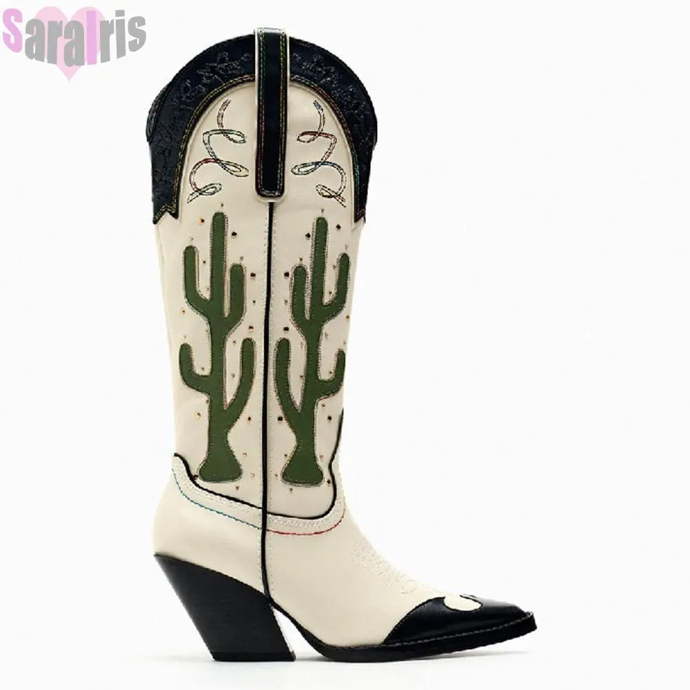 Botas altas de tacón ancho para mujer con estampado de cactus ranchero