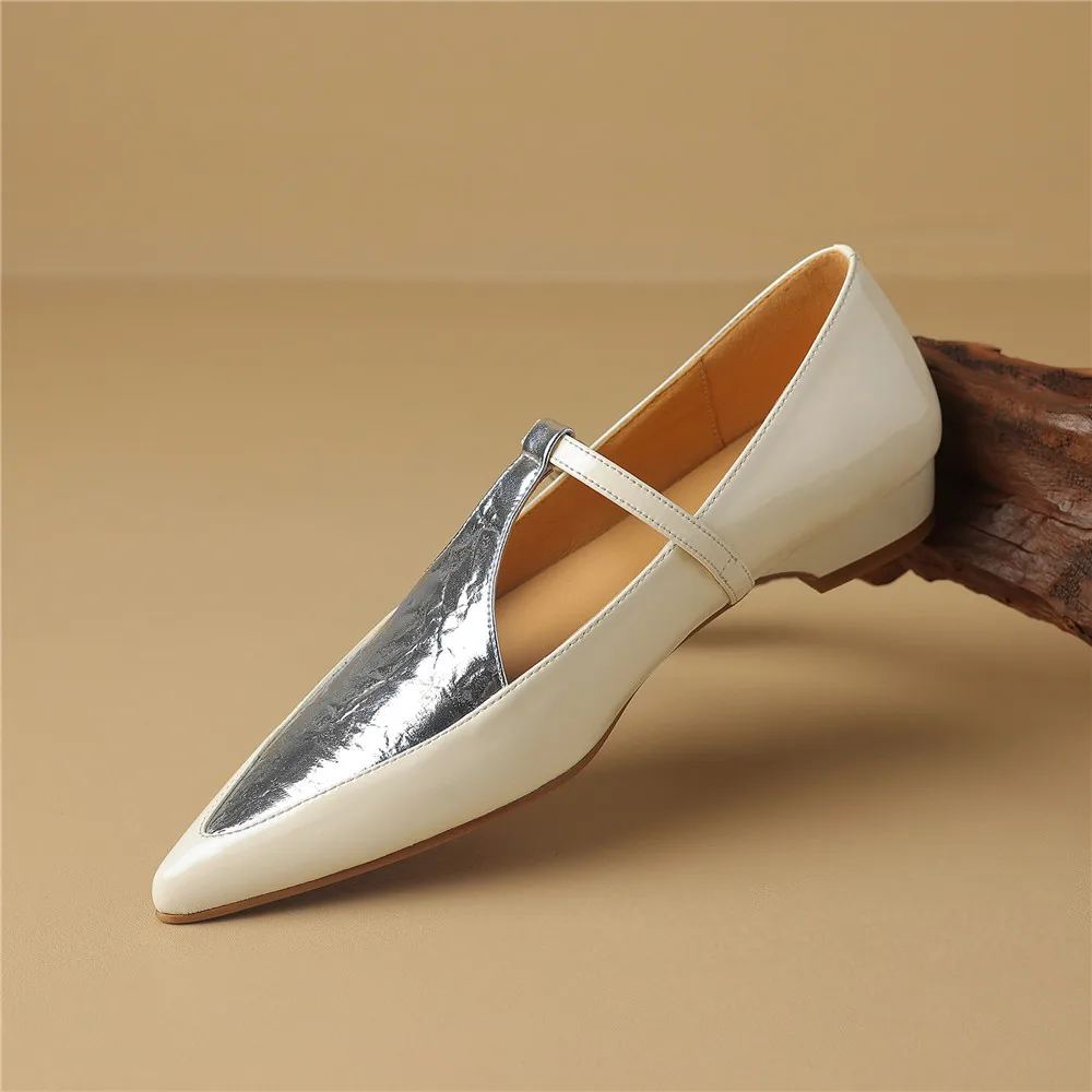 New Arrival Pointed Toe Women Sheep Skin Flats Mixed Color Splicing Buckle Strap Plus Casual Street Shoes