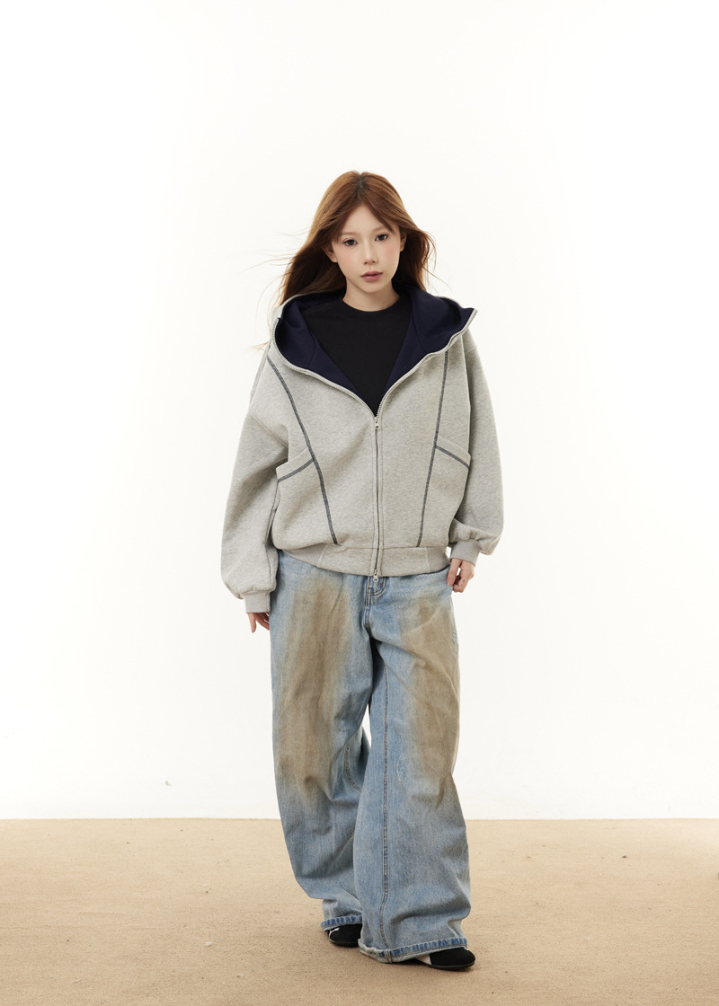 Sudadera con capucha y cremallera de estilo callejero, de ajuste relajado, con estampado de letras