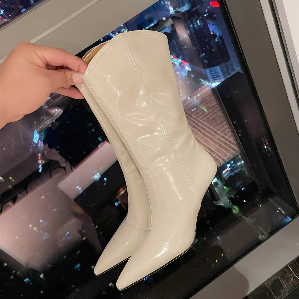 Mujeres bota de caña alta ajustada de tacón stiletto de piel auténtica