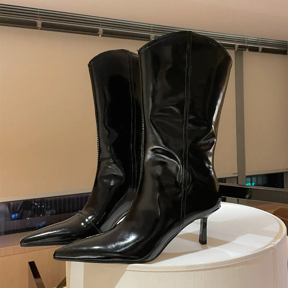 Mujeres bota de caña alta ajustada de tacón stiletto de piel auténtica