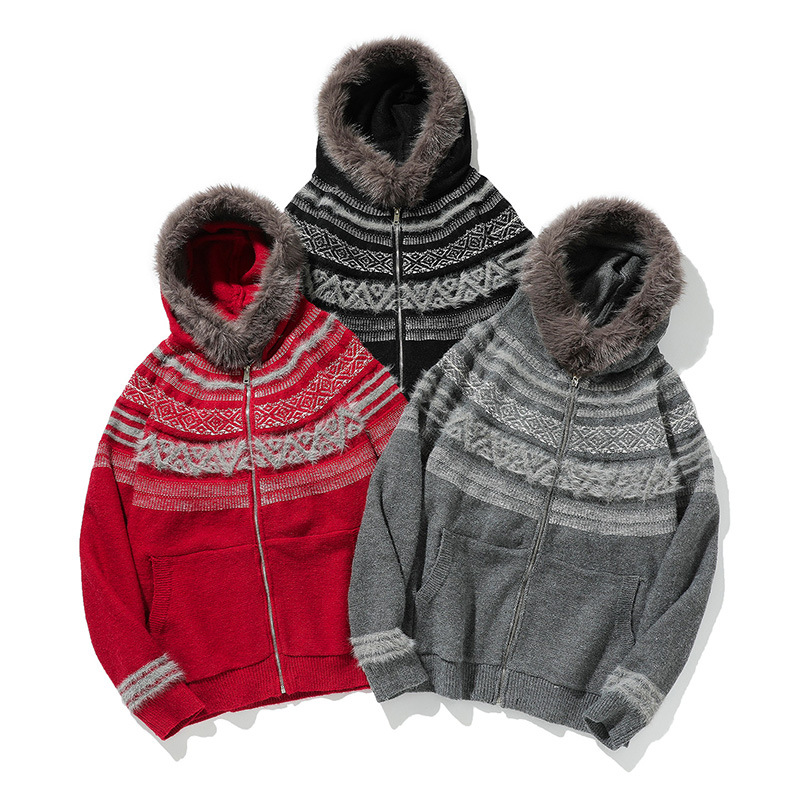 Abrigo oversize de punto jacquard con ribete de pelo a juego