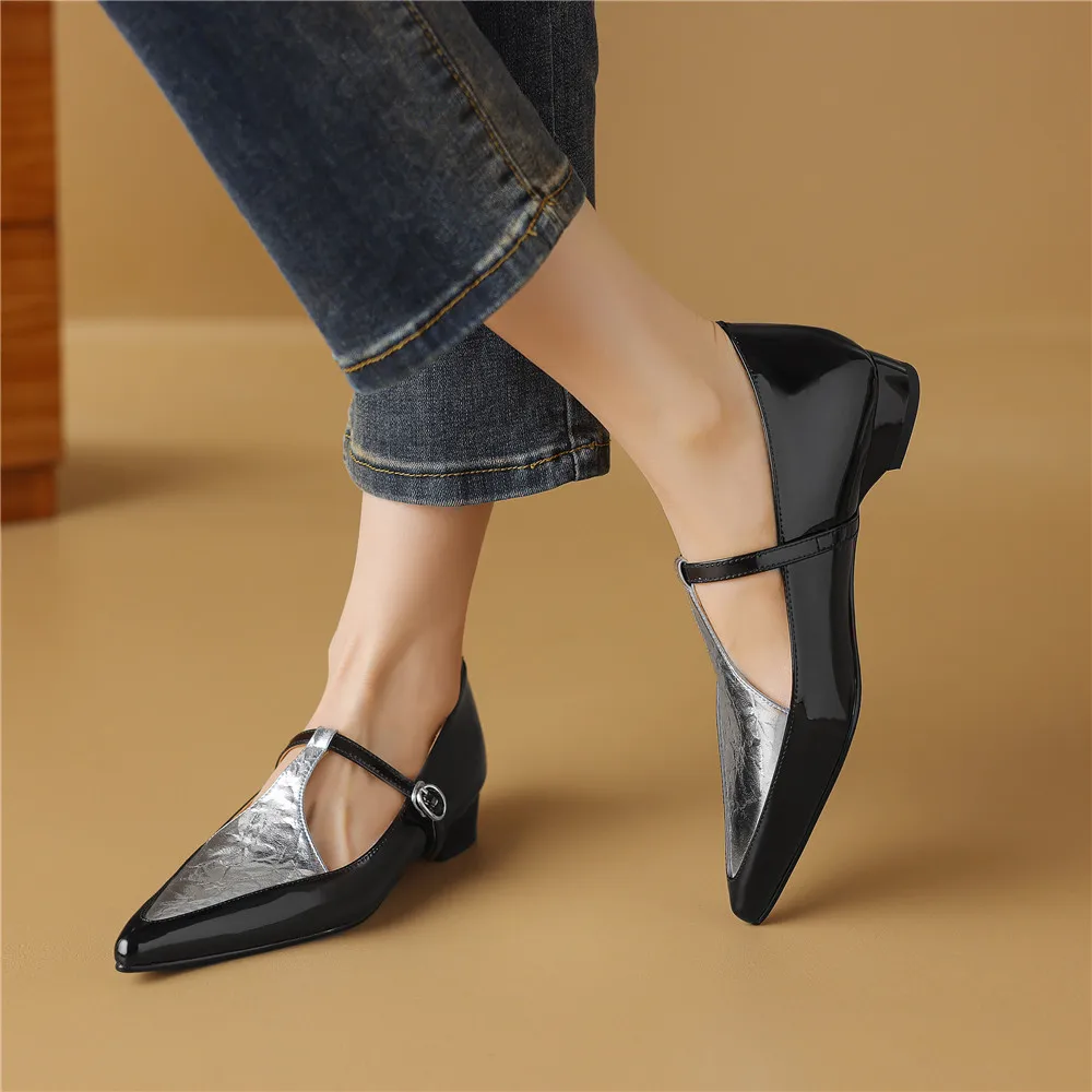 New Arrival Pointed Toe Women Sheep Skin Flats Mixed Color Splicing Buckle Strap Plus Casual Street Shoes