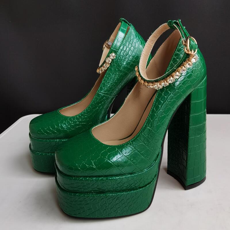 Tacones gruesos para señoras con cristales y estampado de reptil en verde oliva oscuro