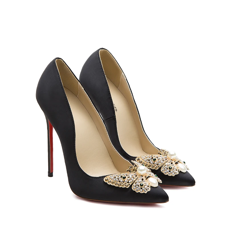 Zapatos de punta afilada con lazo de cinta, pedrería y talla plus