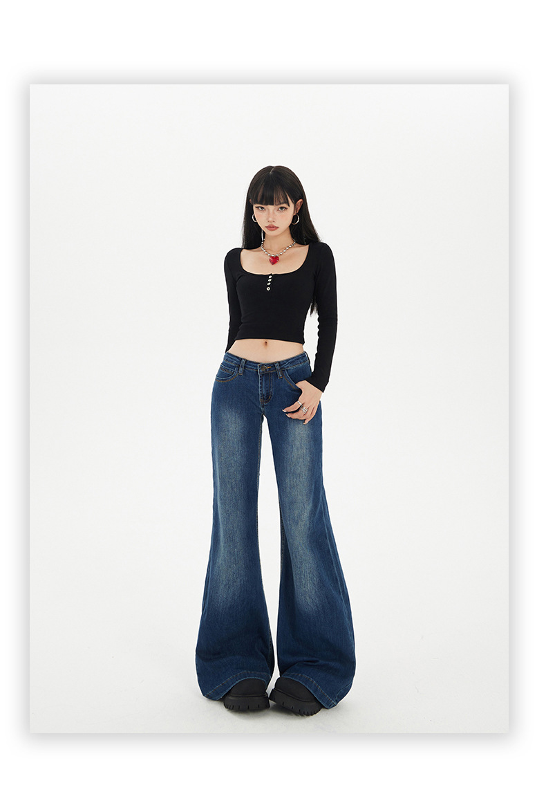 Jeans campana de algodón azul marino de mujer, estilo hipster y callejero