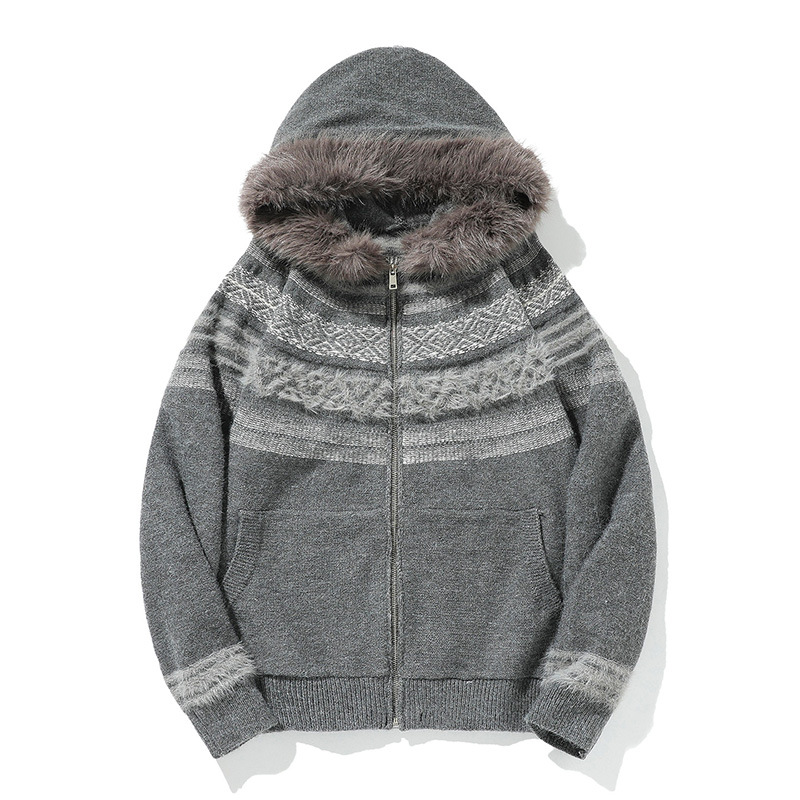 Abrigo oversize de punto jacquard con ribete de pelo a juego
