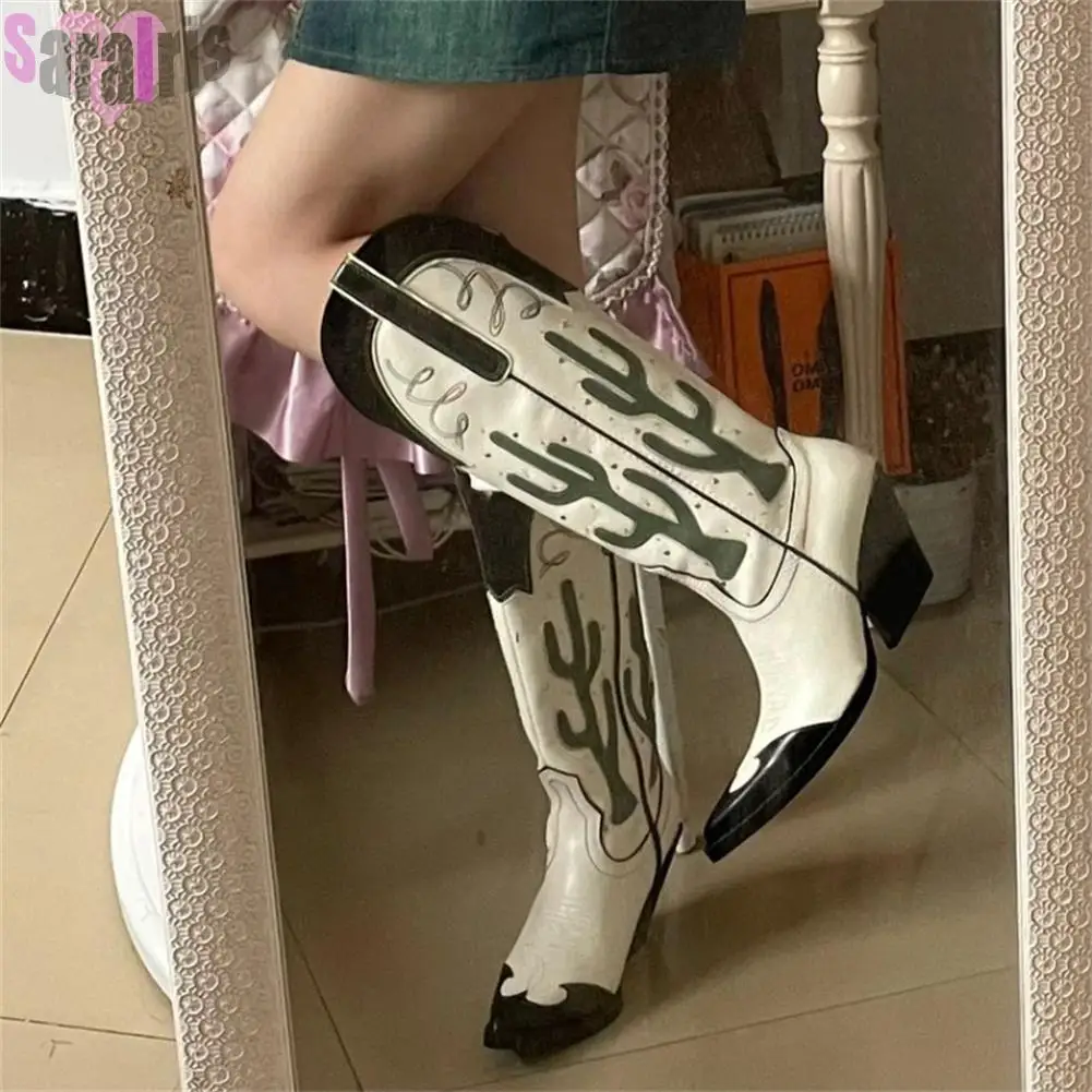 Botas altas de tacón ancho para mujer con estampado de cactus ranchero