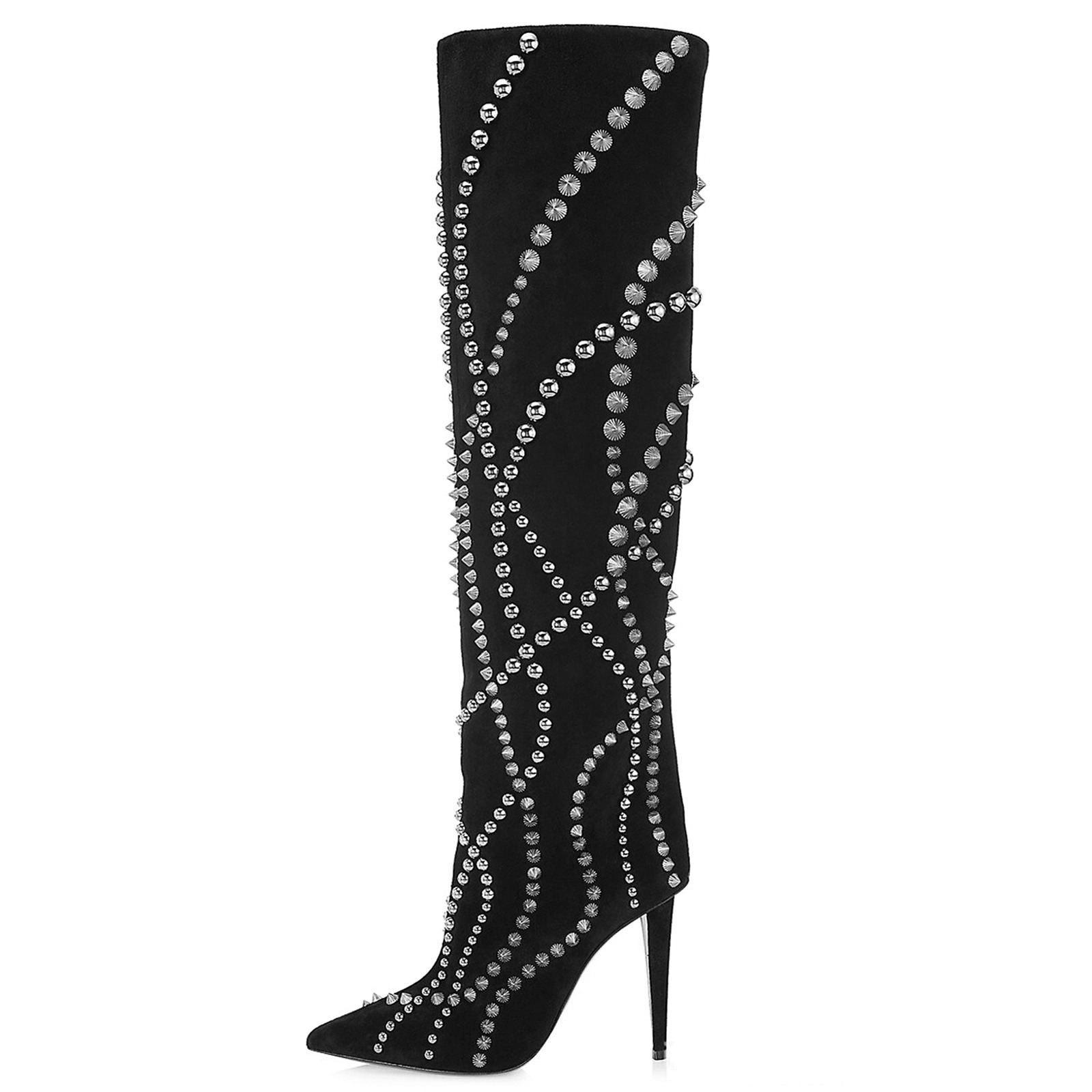 Botas hasta el muslo para mujer de punta afilada, tacón de aguja y tachuelas