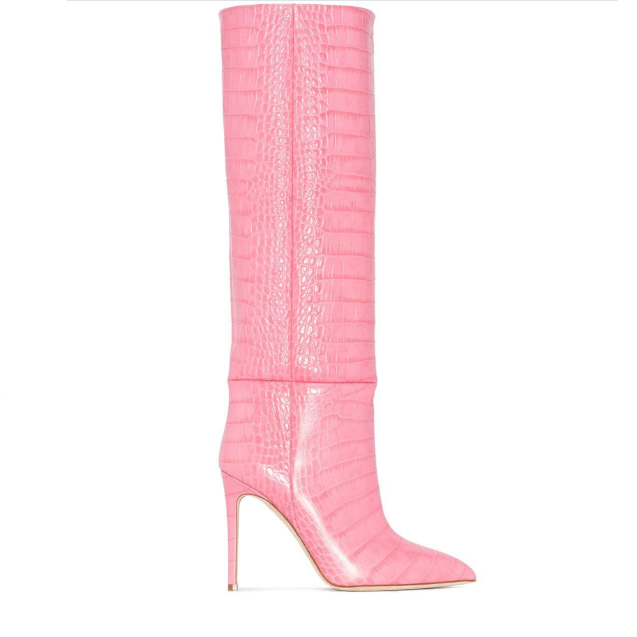 Botas de mujer de calce fácil de piel de serpiente de punta fina
