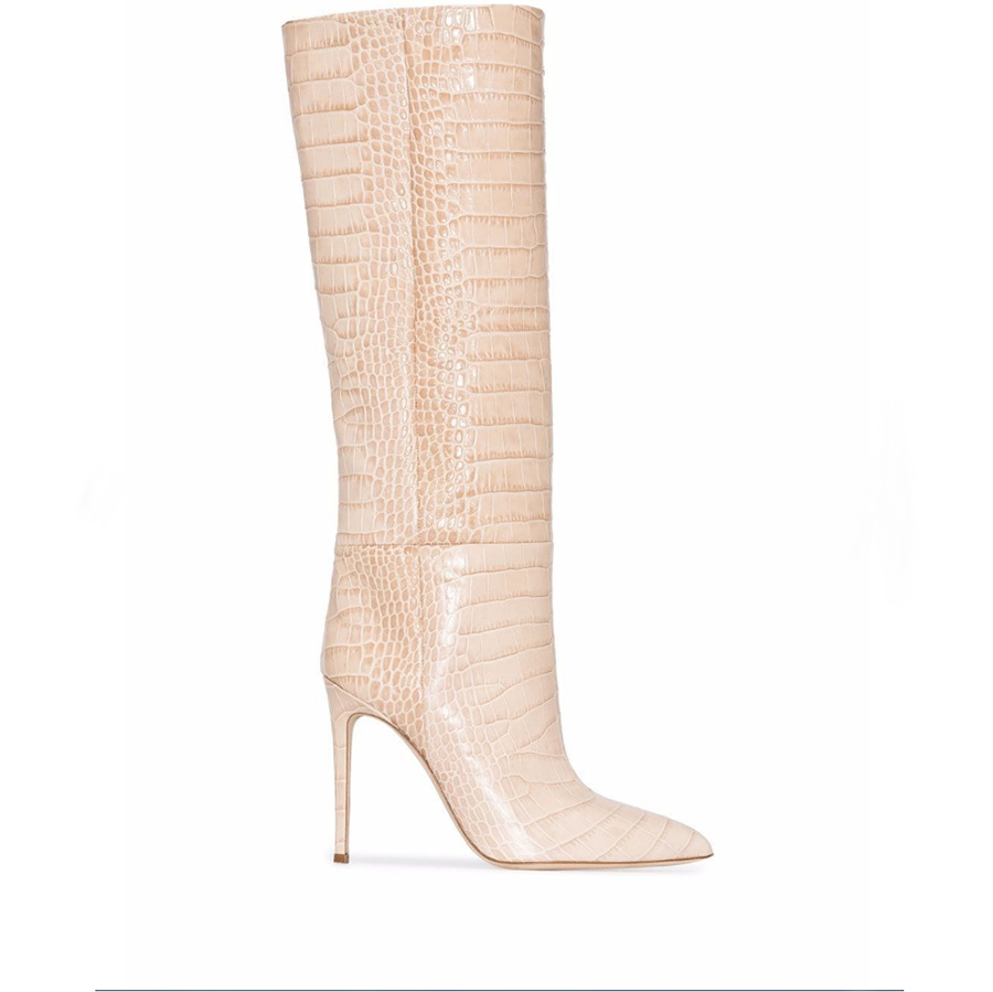 Botas de mujer de calce fácil de piel de serpiente de punta fina