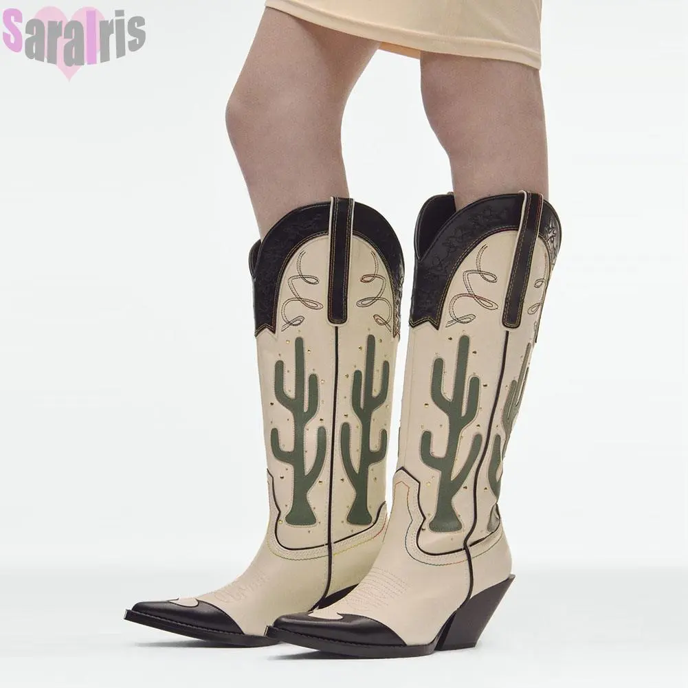 Botas altas de tacón ancho para mujer con estampado de cactus ranchero