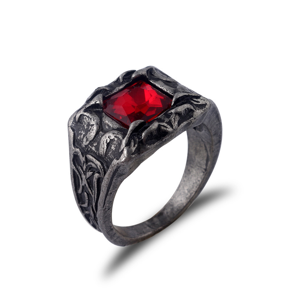 Anillo vintage de aleación con colmillo de víbora, rubí y zafiro