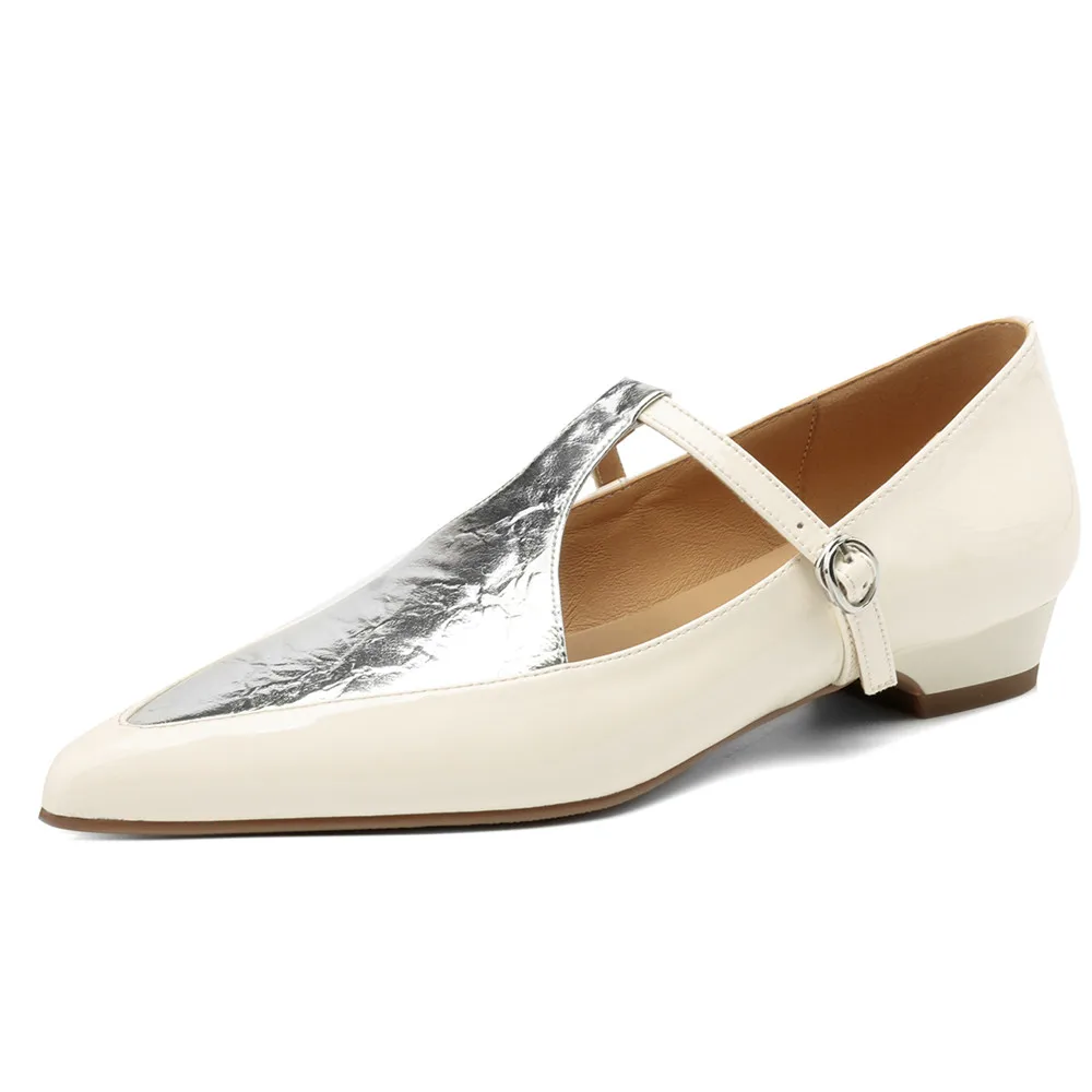 New Arrival Pointed Toe Women Sheep Skin Flats Mixed Color Splicing Buckle Strap Plus Casual Street Shoes