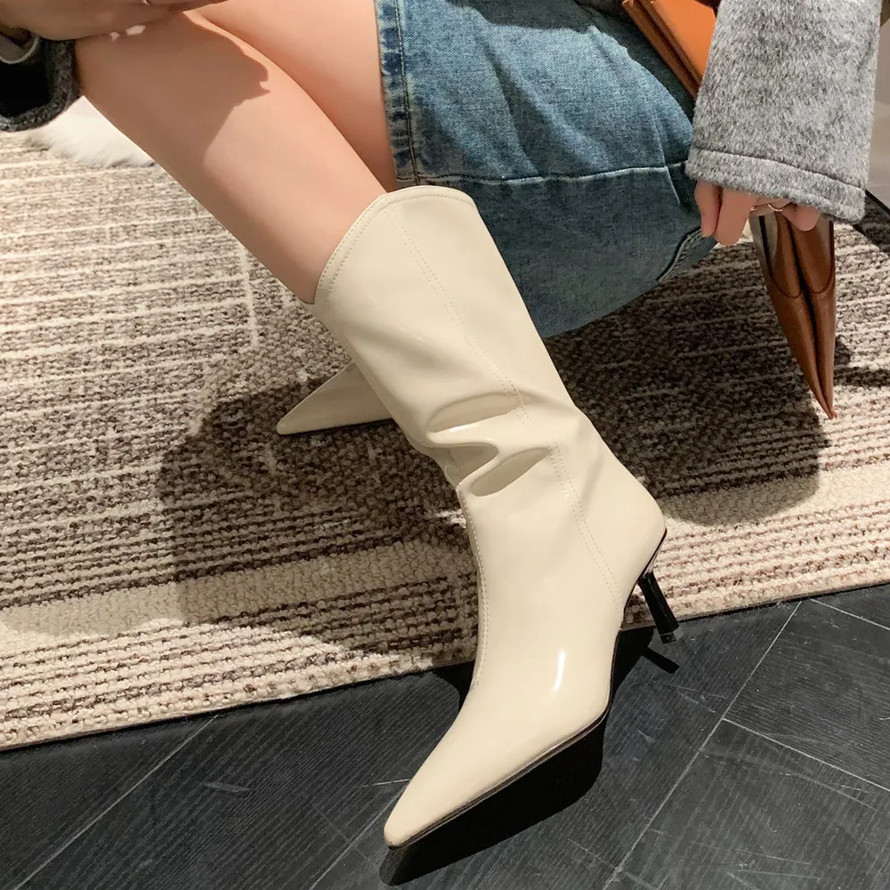 Mujeres bota de caña alta ajustada de tacón stiletto de piel auténtica