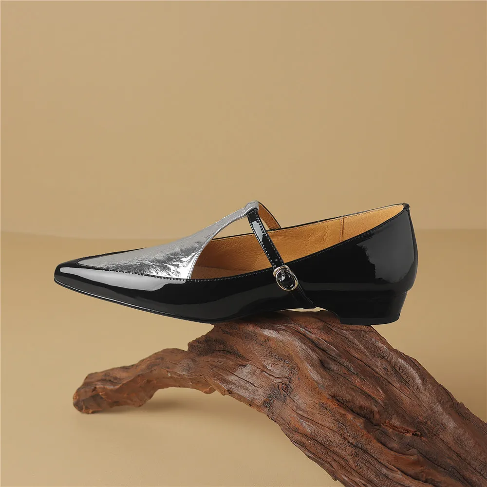 New Arrival Pointed Toe Women Sheep Skin Flats Mixed Color Splicing Buckle Strap Plus Casual Street Shoes