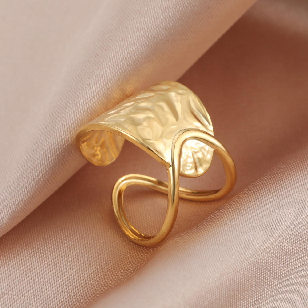 Overlapping hollow curved surface double curved piece elegant stainless steel open ring
