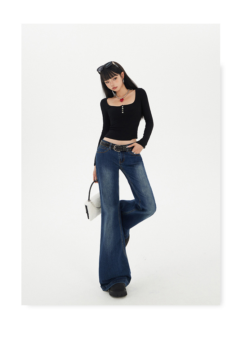 Jeans campana de algodón azul marino de mujer, estilo hipster y callejero
