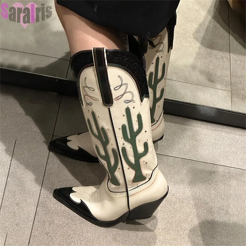 Botas altas de tacón ancho para mujer con estampado de cactus ranchero