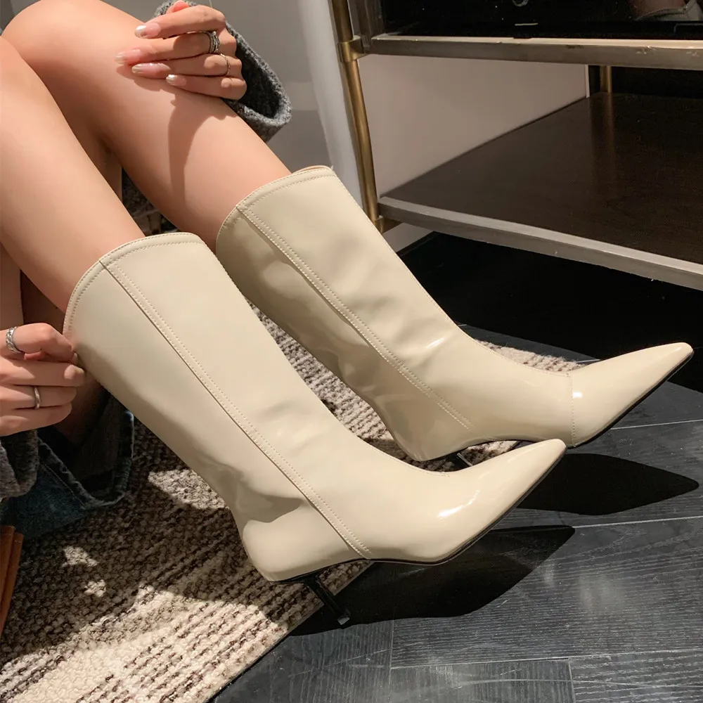 Mujeres bota de caña alta ajustada de tacón stiletto de piel auténtica