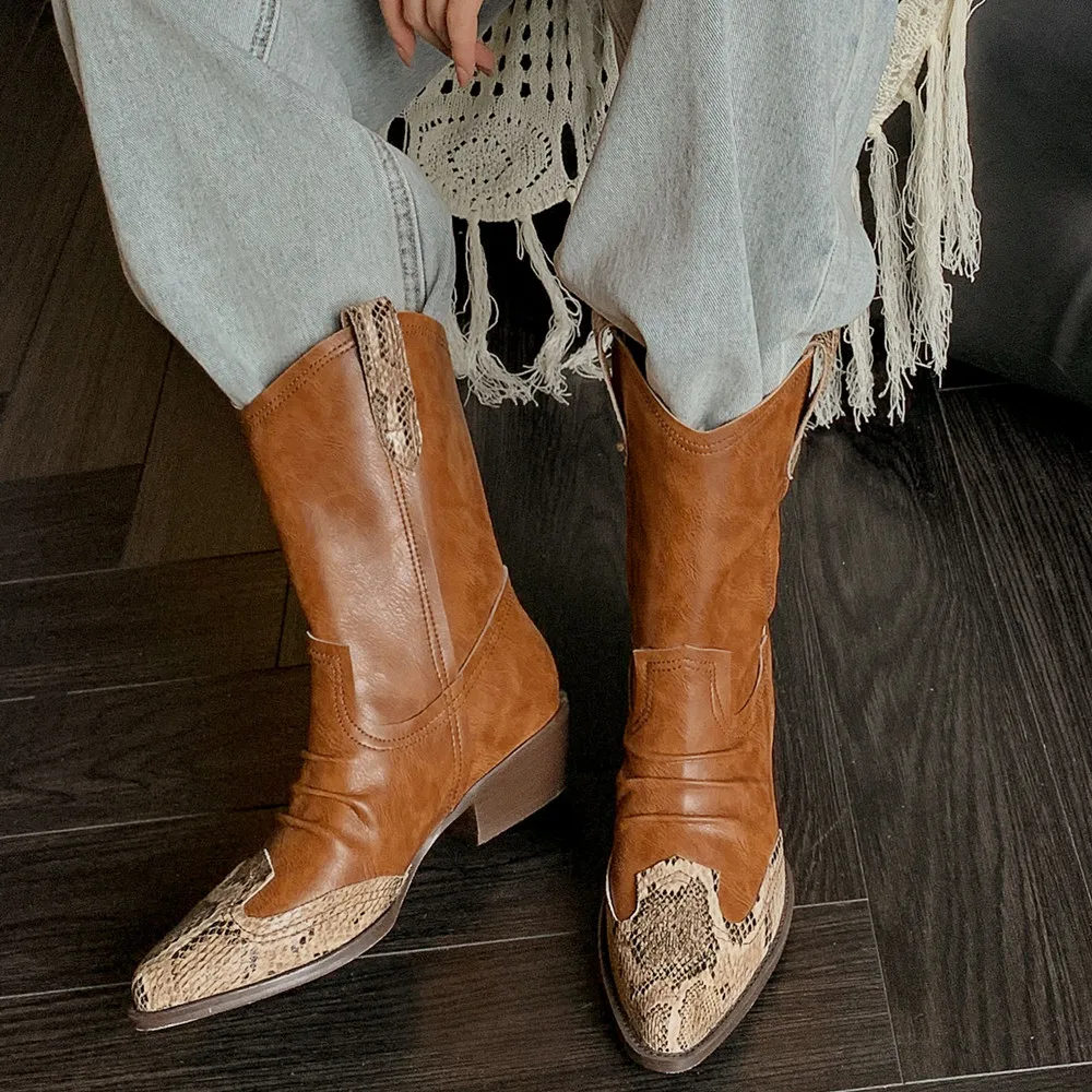 Botines femeninos de caña baja de piel de vaca vintage
