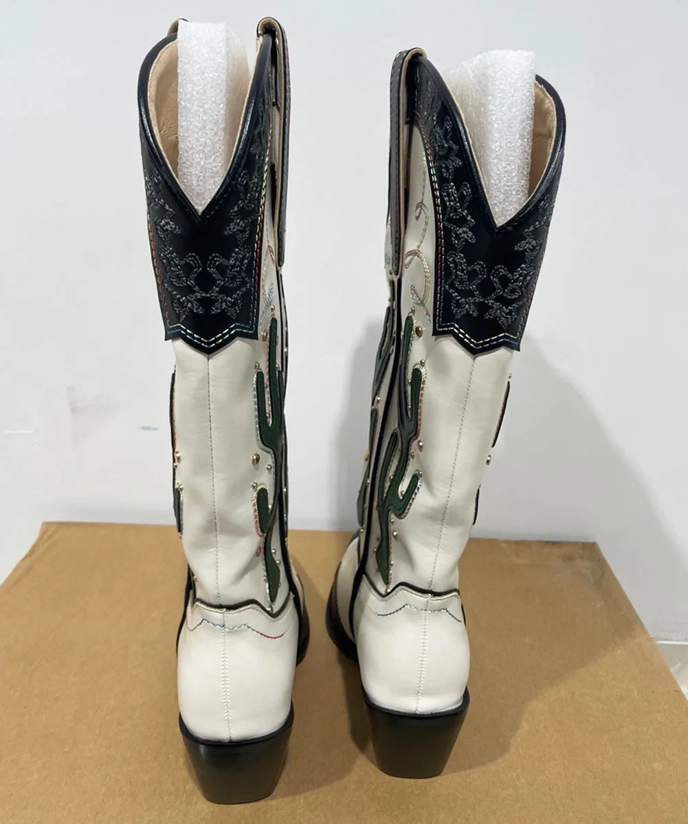 Botas altas de tacón ancho para mujer con estampado de cactus ranchero