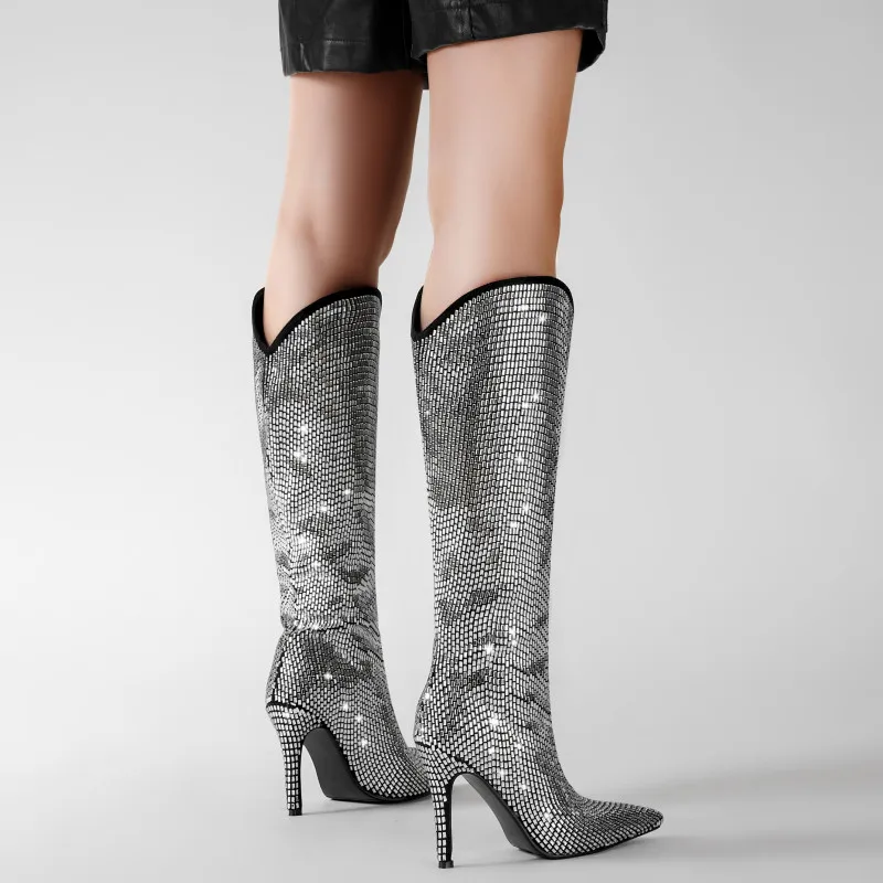 Botas altas stiletto de microfibra con purpurina