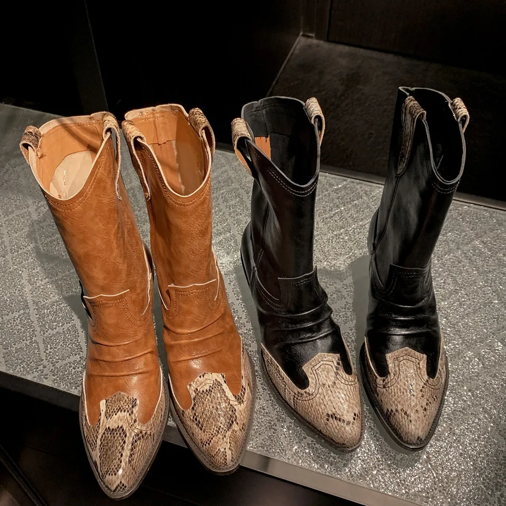 Botines femeninos de caña baja de piel de vaca vintage