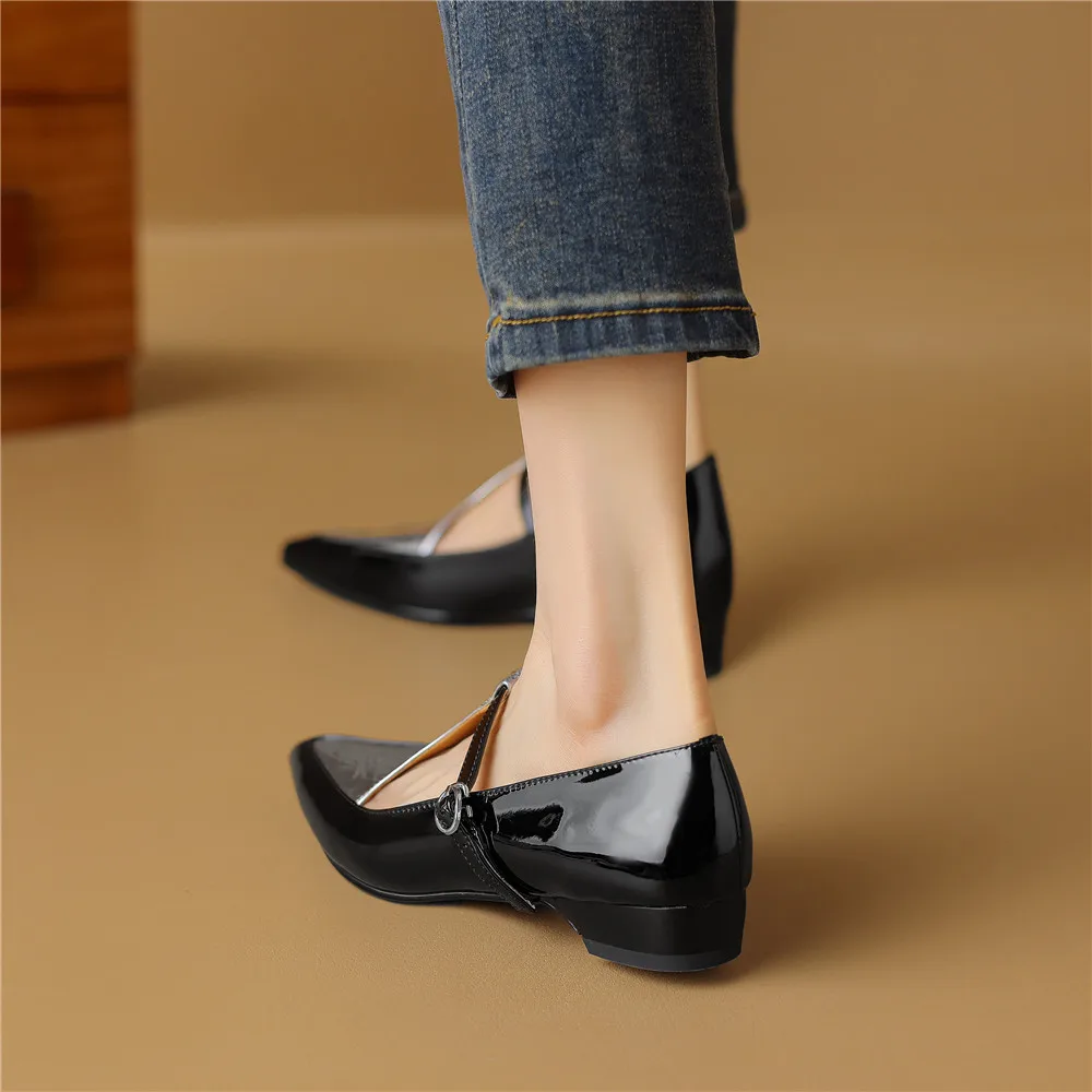 New Arrival Pointed Toe Women Sheep Skin Flats Mixed Color Splicing Buckle Strap Plus Casual Street Shoes