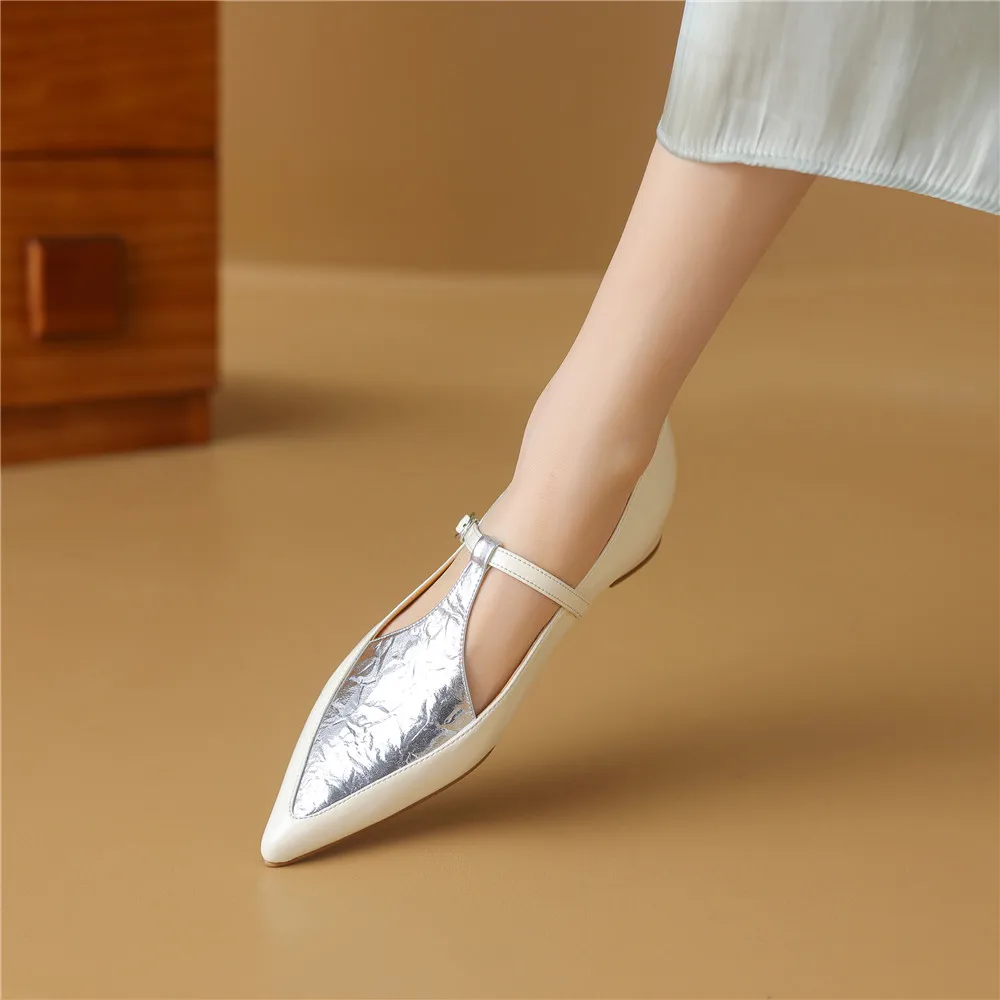 New Arrival Pointed Toe Women Sheep Skin Flats Mixed Color Splicing Buckle Strap Plus Casual Street Shoes